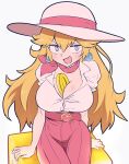  1girl ?_block absurdres alternate_breast_size arms_at_sides belt between_breasts blonde_hair blue_eyes blush breasts buttons cleavage coin collared_shirt commentary_request cowboy_shot earrings grey_background hair_flaps happy hat hat_ribbon high-waist_skirt highres jewelry kurachi_mizuki large_breasts long_hair looking_at_viewer mario_(series) neckerchief open_mouth pink_gemstone pink_neckerchief pink_ribbon pink_skirt princess_peach puffy_short_sleeves puffy_sleeves ribbon shirt shirt_tucked_in short_sleeves sidelocks simple_background sitting skirt smile solo sun_hat super_mario_odyssey v-shaped_eyebrows white_headwear white_shirt 