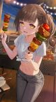  1girl breasts brown_hair corn denim earrings food grey_pants grill heart heart_earrings highres holding holding_skewer jeans jewelry kebab looking_at_viewer midriff mole mole_under_eye navel nima_(niru54) ocean open_mouth original pants shirt short_sleeves shrimp side_ponytail signature skewer small_breasts smile solo standing string_of_light_bulbs tied_shirt twilight white_shirt yellow_eyes 