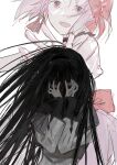  2girls absurdres akemi_homura black_hair black_hairband bow capelet choker covering_face crazy_eyes dot_nose expressionless gloves hair_ribbon hairband half-closed_eyes hands_on_own_face hands_up happy head_tilt high_contrast highres kaname_madoka long_hair long_sleeves looking_at_viewer mabelmine mahou_shoujo_madoka_magica mahou_shoujo_madoka_magica_(anime) messy_hair multiple_girls muted_color no_mouth no_nose open_mouth outstretched_arm outstretched_hand pastel_colors pink_eyes pink_hair pink_ribbon puffy_short_sleeves puffy_sleeves purple_capelet purple_eyes red_choker ribbon ribbon_choker shirt short_sleeves short_twintails sidelighting simple_background sleeves_past_wrists smile solo_focus soul_gem straight_hair tareme tsurime twintails waist_bow white_background white_gloves white_shirt 