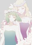  2girls bare_shoulders blonde_hair breasts closed_eyes closed_mouth collarbone commentary_request curly_hair dress earrings floral_background green_dress green_hair hair_behind_ear head_tilt head_wreath highres hoyopeccori jewelry long_hair macross macross_frontier medium_breasts multiple_girls pink_dress ranka_lee sheryl_nome short_hair single_earring small_breasts strapless strapless_dress twitter_username upper_body 