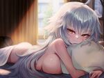  1girl ahoge ass blush breasts closed_mouth commentary_request completely_nude covering covering_breasts curtains fate/grand_order fate_(series) grey_hair highres indoors jeanne_d&#039;arc_alter_(fate) large_breasts long_hair looking_at_viewer lying m0_chi nude on_bed pillow smile solo sunlight very_long_hair window yellow_eyes 
