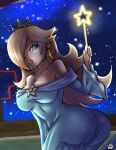  1girl ass bare_shoulders blonde_hair blue_dress blue_eyes breasts brooch cleavage crown dress earrings hair_over_one_eye jewelry large_breasts long_hair mario_(series) off-shoulder_dress off_shoulder rosalina star_(symbol) star_brooch star_earrings star_wand starry_background 
