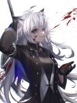  1girl absurdres animal_ears aqua_eyes arknights arm_up black_coat black_dress black_gloves blood blood_on_clothes blood_on_face breasts coat dress empty_eyes gloves grey_hair highres holding holding_sword holding_weapon jewelry lappland_(arknights) lappland_(refined_horrormare)_(arknights) long_hair looking_at_viewer medium_breasts necklace official_alternate_costume open_clothes open_coat parted_lips simple_background smile sword unbuttoned very_long_hair weapon white_background wolf_ears yukai_nao 