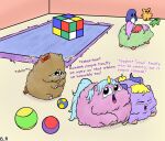 ambiguous_gender bad_roomie ball block blonde_hair blue_body blue_fur blue_hair bodily_fluids brown_body brown_fur crying feral fluffy_pony fur green_body green_fur group hair hi_res horn plushie purple_body purple_fur purple_hair ribbons rug tears teddy_bear wings 