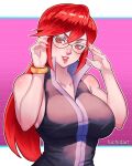  1girl adjusting_eyewear artist_name bare_shoulders black_jacket breasts collarbone commentary english_commentary fingernails glasses grin hair_between_eyes highres jacket large_breasts lips long_hair looking_at_viewer lorelei_(pokemon) luchidart parted_lips pink_lips pink_nails pokemon pokemon_(game) pokemon_rgby red_eyes red_hair sleeveless sleeveless_jacket smile solo very_long_hair 