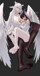  2girls absurdres angel_wings bat_wings black_hair black_pantyhose black_thighhighs black_wings breasts copyright_request demon_tail demon_wings feathered_wings feet head_wings highres ichikushi_mojibake large_breasts legs long_hair looking_at_viewer multiple_girls no_bra no_panties pantyhose shirt soles tail thighhighs white_hair white_shirt white_thighhighs wings xingye yuri 