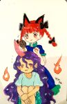  2girls animal_ears aqua_shirt blue_dress braid cat_ears comb dress extra_ears fire highres holding holding_comb horns kaenbyou_rin long_hair multiple_girls pink_horns purple_hair red_eyes red_hair rin_tarou shirt short_sleeves single_horn tenkajin_chiyari touhou traditional_media twin_braids 