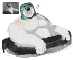  2023 absurd_res anthro barazoku bear belly blush bogexboog bucket bucket_on_head clothing container digital_drawing_(artwork) digital_media_(artwork) fur headgear headwear hi_res looking_at_viewer male mammal musclegut muscular muscular_anthro muscular_arm muscular_male pecs photography_(artwork) polar_bear question_mark reference_image simple_background snaggle_tooth solo tire ursine white_body white_fur 
