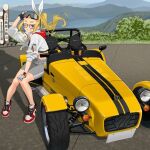  1girl bike_shorts blonde_hair blue_eyes car caterham_7 dekomegane gloves goggles goggles_on_head grey_shorts jacket lake long_hair looking_at_viewer motor_vehicle mountain original outdoors pavement race_vehicle racecar red_footwear sasetsu shoes shorts side_ponytail sitting sky smile solo vehicle_focus vehicle_request white_jacket 