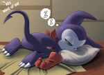  anthro bandai_namco butt claws clothing digimon digimon_(species) gloves green_eyes handwear hi_res impmon male pillow purple_body sleeping solo sound_effects tush vowelless vowelless_sound_effect waking_up zzz 