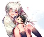  1boy 1girl 9-nine- :d ahoge black_eyes black_hair black_socks blue_sailor_collar blush blush_stickers braid brother_and_sister chi_no chibi chibi_inset commentary copyright_name crossed_bangs dress eyelashes green_ribbon grey_hair hair_between_eyes happy heart hug jitome kneehighs knees_up long_hair looking_at_viewer neck_ribbon nervous_smile niimi_kakeru niimi_sora one_eye_closed open_mouth purple_eyes ribbon sailor_collar school_uniform short_hair siblings side_ponytail simple_background single_braid sitting smile socks solo_focus spiked_hair sweatdrop v-shaped_eyebrows wavy_hair white_background white_dress 