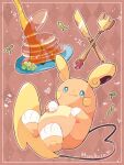  alolan_raichu animal_focus argyle argyle_background artist_name border brown_background butter_knife clover commentary_request food fork four-leaf_clover gold hanabusaoekaki heart highres lightning_bolt_symbol no_humans pancake plate pokemon pokemon_(creature) solid_oval_eyes solo sparkle sprout syrup tail tongue tongue_out white_border 