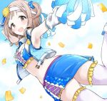  1girl arm_up armpits bare_shoulders blue_jacket blue_ribbon blue_skirt blue_tube_top blush breasts brown_eyes brown_hair cleavage cloud cloudy_sky confetti cropped_jacket flower frilled_tube_top from_behind hair_flower hair_ornament hair_ribbon holding holding_pom_poms idolmaster idolmaster_shiny_colors jacket light_brown_hair long_hair looking_at_viewer looking_back medium_breasts midriff miniskirt morina_nao open_clothes open_jacket open_mouth outstretched_arm pom_pom_(cheerleading) ribbon sakuragi_mano shoes skirt sky sleeveless sleeveless_jacket smile solo standing standing_on_one_leg strapless thighhighs tube_top visor_cap white_thighhighs yellow_flower 