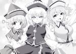  0-den 3girls absurdres arm_hug blush breasts collar flat_chest frilled_collar frills greyscale heart highres large_breasts long_sleeves looking_at_viewer lunasa_prismriver lyrica_prismriver medium_breasts merlin_prismriver monochrome multiple_girls short_hair siblings sisters smile sweatdrop touhou 