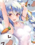  &gt;_&lt; 1girl :d animal_ears armpits arms_up blue_background blue_hair blurry blurry_foreground braid breasts carrot carrot_hair_ornament collarbone eyelashes food-themed_hair_ornament hair_between_eyes hair_ornament hololive kubota_masaki long_bangs looking_at_viewer navel open_mouth rabbit rabbit_ears skin_tight small_breasts smile sweat swimsuit twin_braids upper_body usada_pekora virtual_youtuber wet xd yellow_eyes 
