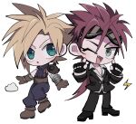  2boys :o armor asymmetrical_arms belt black_footwear black_gloves black_pants black_suit blonde_hair blue_eyes blue_pants boots brown_footwear brown_gloves chibi cloud cloud_strife collared_shirt earrings eyewear_on_head facial_mark final_fantasy final_fantasy_vii fingerless_gloves gloves goggles goggles_on_head green_eyes jewelry leather_belt lightning_bolt_symbol long_hair male_focus messy_hair multiple_boys one_eye_closed open_clothes open_mouth open_shirt pants pauldrons pointing pointing_up ponytail red_hair reno_(ff7) shirt shoes short_hair shoulder_armor single_pauldron sleeveless sleeveless_turtleneck smile spiked_hair spiked_pauldrons stud_earrings suit suspenders ttnoooo turtleneck white_background white_shirt 