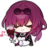  1girl closed_eyes closed_mouth coat coat_on_shoulders cup drinking_glass english_commentary eyewear_on_head holding holding_cup honkai:_star_rail honkai_(series) kafka_(honkai:_star_rail) long_sleeves musical_note official_art purple_hair round_eyewear smile solo transparent_background white_sleeves wine_glass 