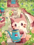  animal_focus bird blurry blurry_background brown_fur commentary_request flower furret hanabusaoekaki highres hoppip leaf letterboxed natu no_humans oddish open_mouth pink_flower pokemon pokemon_(creature) solid_oval_eyes sunlight two-tone_fur watering_can white_fur 