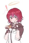  ! 1girl 5rwpvc :i absurdres arknights black_gloves blush closed_mouth eating exusiai_(arknights) fingerless_gloves food food_on_face gloves hair_between_eyes halo highres holding holding_food jacket looking_at_viewer red_eyes red_hair short_sleeves simple_background solo upper_body white_background white_jacket 
