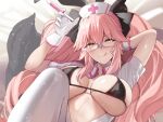  1girl animal_ears black_bow blush bow breasts fate/grand_order fate_(series) fox_tail glasses hair_between_eyes hair_bow koyanskaya_(assassin)_(second_ascension)_(fate) koyanskaya_(fate) large_breasts licking_lips long_hair looking_at_viewer pink_hair rabbit_ears sidelocks smile solo tail tamamo_(fate) thighs tongue tongue_out twintails untue yellow_eyes 