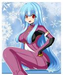  belt blue_hair bodysuit breasts gloves hair_over_breasts hand_on_own_hip kula_diamond large_breasts long_hair looking_at_viewer negemato purple_eyes smile snowflakes the_king_of_fighters the_king_of_fighters_xv zipper 