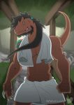  accessory aledon_rex allosaurid allosaurus black_hair bluewollvieh brown_body brown_scales claws dinosaur hair hair_accessory hair_tie male muscular muscular_male plant ponytail reptile scales scalie scar smile solo spring stones teeth theropod towel water 