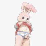  1:1 2022 anthro apluss arcade_bunny clothed clothing clothing_lift fur hi_res lagomorph leporid looking_down male mammal navel open_underwear pink_body pink_fur rabbit shirt shirt_lift simple_background solo topwear underwear white_background young 