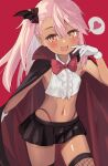  1girl black_cape black_skirt blush bow bowtie breasts cape center_frills chloe_von_einzbern cropped_shirt dark-skinned_female dark_skin fate/kaleid_liner_prisma_illya fate_(series) frills gloves hair_between_eyes hair_bow highleg highleg_panties highres long_hair looking_at_viewer midriff miniskirt navel one_side_up open_mouth orange_eyes pan_korokorosuke panties pink_hair red_background red_panties shirt sidelocks skirt sleeveless sleeveless_shirt small_breasts smile solo thighs underwear white_gloves white_shirt 