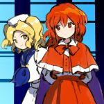  arm_behind_back blonde_hair blue_sailor_collar cape capelet hat kaigen_1025 kitashirakawa_chiyuri looking_at_another okazaki_yumemi phantasmagoria_of_dim.dream red_capelet red_eyes red_hair red_vest sailor_collar sailor_hat shirt shorts smile touhou touhou_(pc-98) vest white_shirt white_shorts yellow_eyes 