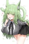  1girl animal_ear_fluff animal_ears arknights bent_over black_ribbon black_skirt blunt_bangs blush cardigan cat_ears cat_girl cat_tail collared_shirt commentary_request cowboy_shot green_eyes green_hair grey_cardigan harmonie_(arknights) heart highres horn/wood long_hair long_sleeves looking_at_viewer neck_ribbon open_mouth pleated_skirt ribbon shirt simple_background skirt solo tail tongue tongue_out very_long_hair white_background white_shirt 