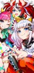  3girls absurdres animal_ears black_hair blue_eyes dice_hair_ornament hair_ornament hairclip hakos_baelz hakos_baelz_(1st_costume) highres hololive hololive_english kaguya_luna looking_at_viewer mika_pikazo mouse_ears mouse_girl mousetrap mr._squeaks_(hakos_baelz) multicolored_hair multiple_girls one_eye_closed pinky_pop_hepburn red_hair ribbon sharp_teeth simple_background spray_can streaked_hair teeth the_moon_studio v virtual_youtuber w white_hair 