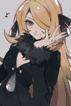  1girl artist_name black_dress blonde_hair breasts brown_eyes cleavage closed_mouth coat cynthia_(pokemon) dress fur-trimmed_coat fur_trim grey_background hair_ornament hair_over_one_eye hand_to_own_face highres kawasaki_(kwsk_8765) long_hair looking_at_viewer musical_note pokemon pokemon_(game) pokemon_dppt solo 