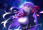  1girl anniversary bb_(fate) bb_(fate/extra) black_coat bow breasts closed_mouth coat commentary english_commentary fate/extra fate/extra_ccc fate_(series) floating_hair hair_bow highres large_breasts long_hair looking_at_viewer neck_ribbon night night_sky open_clothes open_coat outdoors purple_eyes purple_hair red_bow red_ribbon ribbon sano_jinya shirt sky smile solo star_(sky) white_shirt 