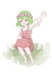  1girl :d aged_down arms_up commentary_request flower full_body green_hair head_wreath highres kazami_yuuka looking_at_viewer open_mouth petite pink_flower red_eyes see-through see-through_sleeves short_hair smile socks solo tohoyuukarin touhou white_background white_socks 