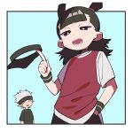  2boys black_eyes black_hair black_headband black_headwear black_shirt blue_background border double_bun hair_bun hat headband highres holding holding_clothes holding_hat long_hair luo_xiaohei_zhanji multiple_boys nezha_(the_legend_of_luoxiaohei) nploser open_mouth red_shirt shirt simple_background smile visor_cap white_border white_sleeves wristband yi_feng_(the_legend_of_luoxiaohei) 