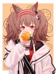  1girl angelina_(arknights) animal_ear_fluff animal_ears arknights bag black_shirt blush brown_hair coat collar collarbone food food-themed_background fox_ears fruit hairband highres holding holding_food holding_fruit infection_monitor_(arknights) long_hair long_sleeves looking_at_viewer lxjun_09 nail_polish open_clothes open_coat orange_(fruit) pink_nails red_eyes red_hairband shirt shoulder_bag solo twintails upper_body white_coat 
