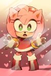  1girl against_fourth_wall against_glass amy_rose animal_ears animal_nose boots chibi dress furry furry_female gloves gold_bracelet green_eyes hairband hanybe heart hedgehog hedgehog_ears hedgehog_girl hedgehog_tail looking_at_viewer open_mouth pink_fur red_dress red_footwear red_hairband shadow solo sonic_(series) tail white_gloves 