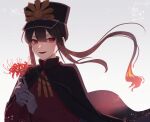  1boy cape facing_viewer family_crest fate/grand_order fate_(series) flower hat long_hair long_sleeves military_uniform oda_nobukatsu_(fate) oda_uri peaked_cap ponytail red_eyes simple_background solo spider_lily uniform yzrh0 