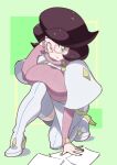  1girl big_hair breasts buttons capelet glasses green_eyes high_heels highres large_breasts legs long_sleeves paper picking_up pink-framed_eyewear pink_sweater pokemon pokemon_(game) pokemon_sm purple_hair ribbed_sweater skirt solo sweater thighhighs turtleneck turtleneck_sweater tyoro_(tyoromatsu59) white_capelet white_skirt white_thighhighs wicke_(pokemon) 