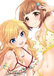  2girls :d arm_up bikini blonde_hair blue_eyes blush bracelet breasts brown_eyes brown_hair casual_one-piece_swimsuit cleavage closed_mouth collarbone hair_ornament idolmaster idolmaster_cinderella_girls idolmaster_cinderella_girls_starlight_stage index_finger_raised jewelry kitami_yuzu long_hair looking_at_viewer medium_breasts multiple_girls navel necklace ohtsuki_yui one-piece_swimsuit open_mouth ozaki_mirai short_hair sideboob simple_background smile swimsuit wavy_hair white_background 