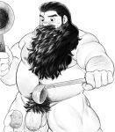  1boy abs arm_hair bara beard big_belly blush comparison completely_nude dungeon_meshi dwarf english_commentary excessive_pubic_hair facial_hair fat fat_man feet_out_of_frame flaccid frying_pan girthy_penis giving greyscale hair_slicked_back highres holding holding_frying_pan large_pectorals long_beard male_focus mature_male monochrome muscular muscular_male navel_hair nipples nose_blush nude overload_(nuhoangxitray) pectorals penis potato pubic_hair senshi_(dungeon_meshi) short_hair shy solo_focus standing sweatdrop thick_mustache thick_thighs thighs uncensored v-shaped_eyebrows very_long_beard 