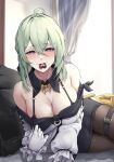  1girl absurdres ahoge bare_shoulders black_skirt blush breasts candy chocolate cleavage commentary_request de_lacey_(girls&#039;_frontline_nc) de_lacey_(pollen_pulse)_(girls&#039;_frontline_nc) enin food girls&#039;_frontline girls&#039;_frontline_neural_cloud gloves green_hair hair_between_eyes hair_ornament hairclip halterneck heart heart-shaped_chocolate highres indoors large_breasts long_hair looking_at_viewer mole mole_under_mouth mouth_hold multicolored_eyes off-shoulder_shirt off_shoulder official_alternate_costume pantyhose red_eyes shirt skirt solo symbol-shaped_pupils white_gloves white_shirt 