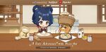  1girl :p blue_hair braid braided_hair_rings chibi chinese_clothes closed_eyes closed_mouth collaboration cooking copyright_name english_text fingerless_gloves food genshin_impact gloves guoba_(genshin_impact) hair_rings holding indonesian_commentary indoors looking_at_food looking_down milk mushroom official_art panda pizza pizza_hut short_hair tongue tongue_out wheat window xiangling_(genshin_impact) yellow_eyes 