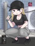  1girl bags_under_eyes baseball_cap black_headwear blonde_hair breasts brown_eyes can canned_coffee cleavage commentary_request crop_top electronic_cigarette fukuro_(fxxk_law) full_body grey_pants hat long_hair medium_breasts midriff original pants shoes smoke sneakers solo squatting vaping yoga_pants 