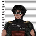  1boy batman_(series) bodysuit calladraws1 dc_comics domino_mask english_commentary english_text height_chart highres holding holding_sign looking_at_viewer male_focus mask meme mugshot red_bodysuit robin_(dc) sign solo superhero teeth tim_drake upper_teeth_only western_comics_(style) worried 