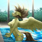  anthro areola barely_visible_genitalia barely_visible_pussy breasts cutie_mark ears_back equid equine eyes_closed fan_character female genitals hasbro hi_res mammal my_little_pony mykegreywolf navel nipples nude pegasus pivoted_ears pussy skinny_dipping solo spraying_water spread_wings static_spark swimming swimming_pool water wet wings 