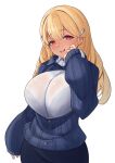  1girl ajidot blonde_hair blue_bow blue_bowtie blue_cardigan blush bow bowtie breasts button_gap cardigan cleavage closed_mouth collared_shirt goddess_of_victory:_nikke hair_intakes hair_ornament highres huge_breasts jewelry lips long_hair looking_at_viewer mole mole_under_eye puffy_sleeves red_eyes shirt sleeves_past_wrists smile solo tia_(nikke) white_background white_shirt 
