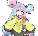  1girl bike_shorts blue_hair blush bow-shaped_hair character_hair_ornament fusazakura grey_shirt hair_ornament happy iono_(pokemon) jacket long_hair looking_at_viewer low-tied_long_hair multicolored_hair open_mouth oversized_clothes pink_hair pokemon pokemon_(game) pokemon_sv purple_eyes sharp_teeth shirt simple_background sleeveless sleeveless_shirt sleeves_past_fingers sleeves_past_wrists smile solo star_(symbol) teeth thigh_strap two-tone_hair upper_teeth_only very_long_hair white_background yellow_jacket 