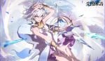  1girl absurdres arm_up blue_dress bracer breasts copyright_name crystal dress feet_out_of_frame gradient_dress highres klight magic open_mouth outstretched_arm pointy_ears purple_dress short_hair sleeveless sleeveless_dress small_breasts solani solo white_hair yellow_eyes 