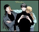  3boys :t ^_^ akai_shuuichi amuro_tooru beanie black_border black_hair black_headwear black_sweater blonde_hair blue_eyes blue_sweater border camera cheek_press closed_eyes crossed_arms dark-skinned_male dark_skin facial_hair facing_viewer green_background grey_jacket hand_on_another&#039;s_cheek hand_on_another&#039;s_face hand_up hands_up hat head_on_another&#039;s_shoulder holding holding_camera jacket leaning_to_the_side long_hair long_sleeves male_focus meitantei_conan multiple_boys name_connection one_eye_closed outstretched_arm pushing_away scotch_(meitantei_conan) short_hair signature stubble sweatdrop sweater taking_picture trembling turtleneck upper_body v v-neck warlock1000 